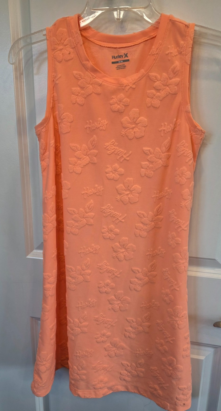 Hurley Sleeveless Tank Dress Women Size14/16 Floral Peach Hibiscus Textured Logo